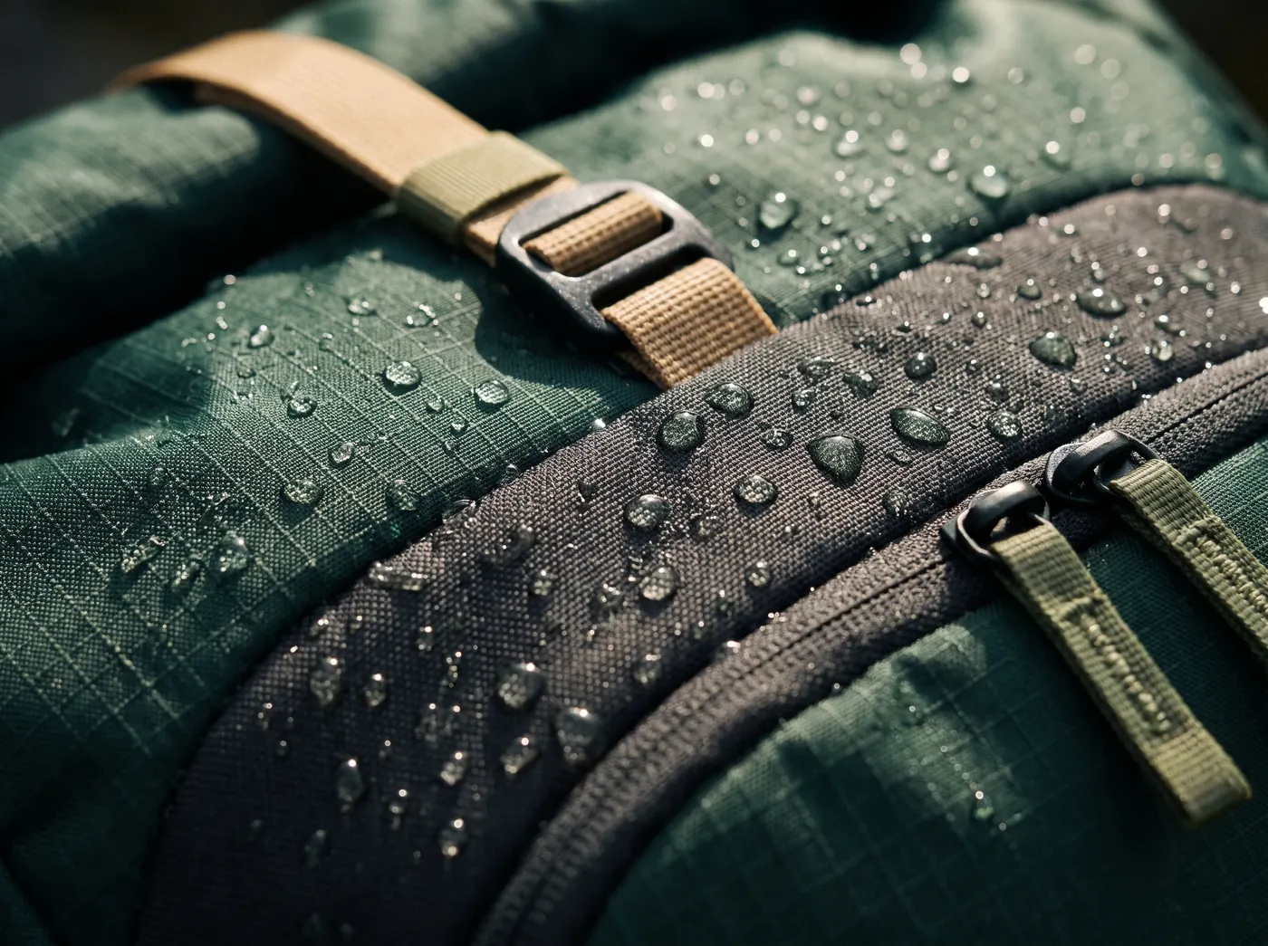 Macro close-up of forest green ripstop fabric with water beading on the surface, a sand webbing strap and a moss green zipper pull