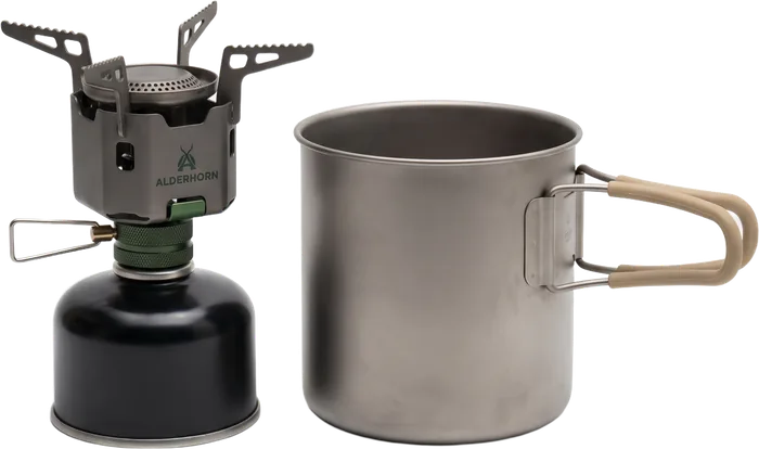 Ember Ti titanium canister stove with titanium pot